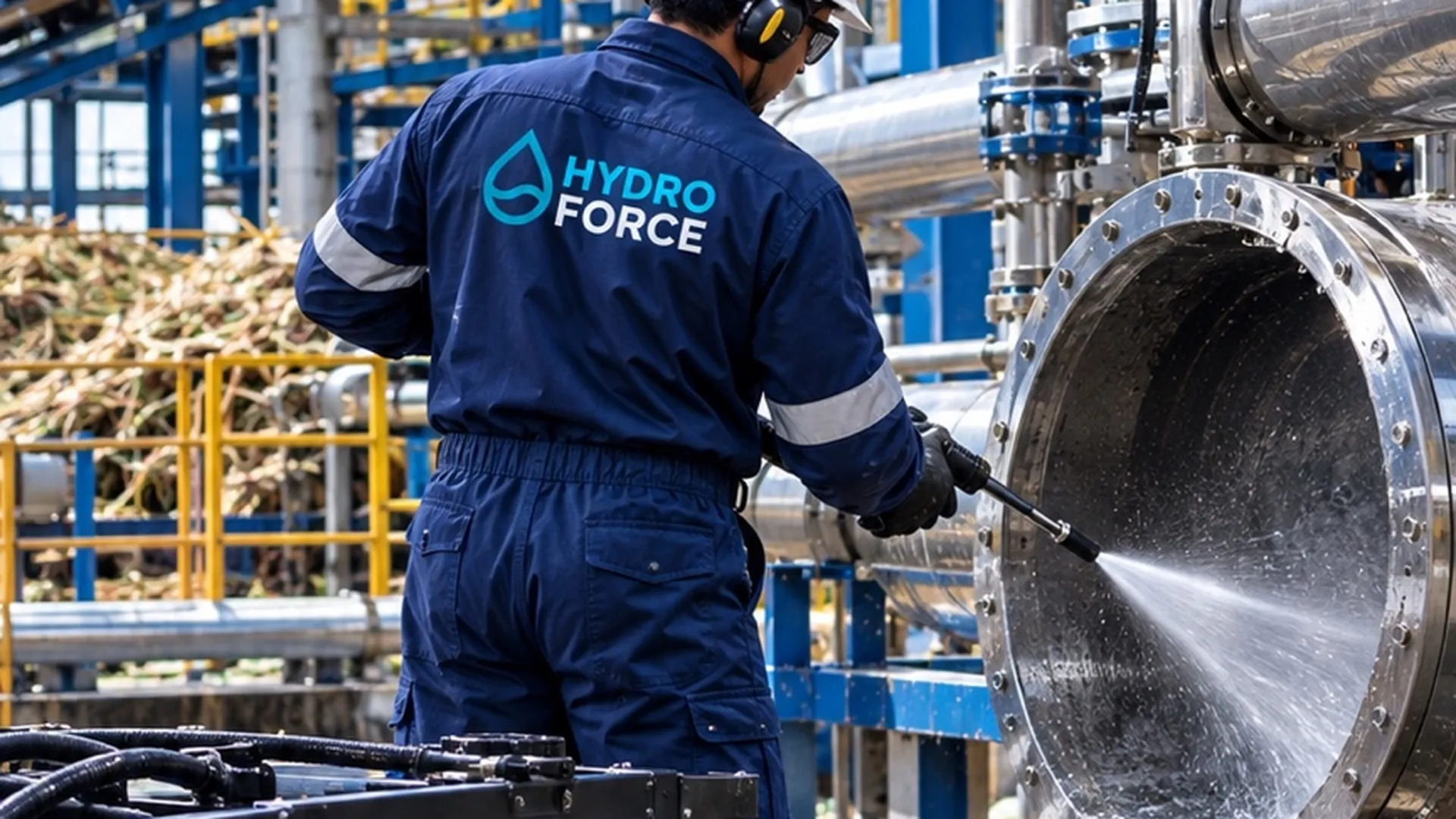 Técnico de HYDRO FORCE limpiando una tubería con hidrolavado de alta presión en un ingenio azucarero