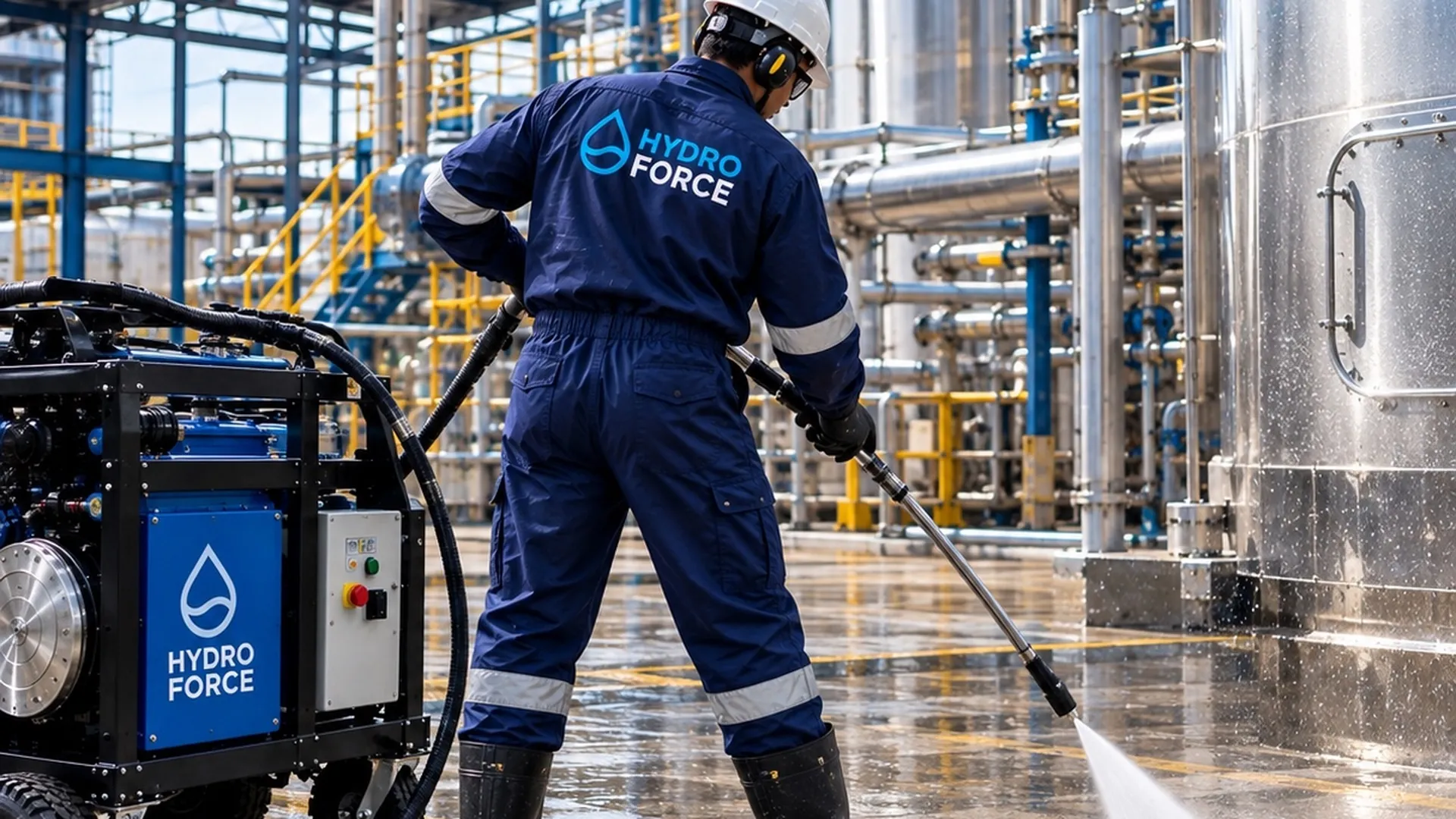 Técnico de HYDRO FORCE lavando a presión el piso de una planta industrial junto al equipo HYDRO FORCE